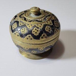 Vintage Chinese Brass Trinket Dish Enamel on Brass Geometric Design Heavy